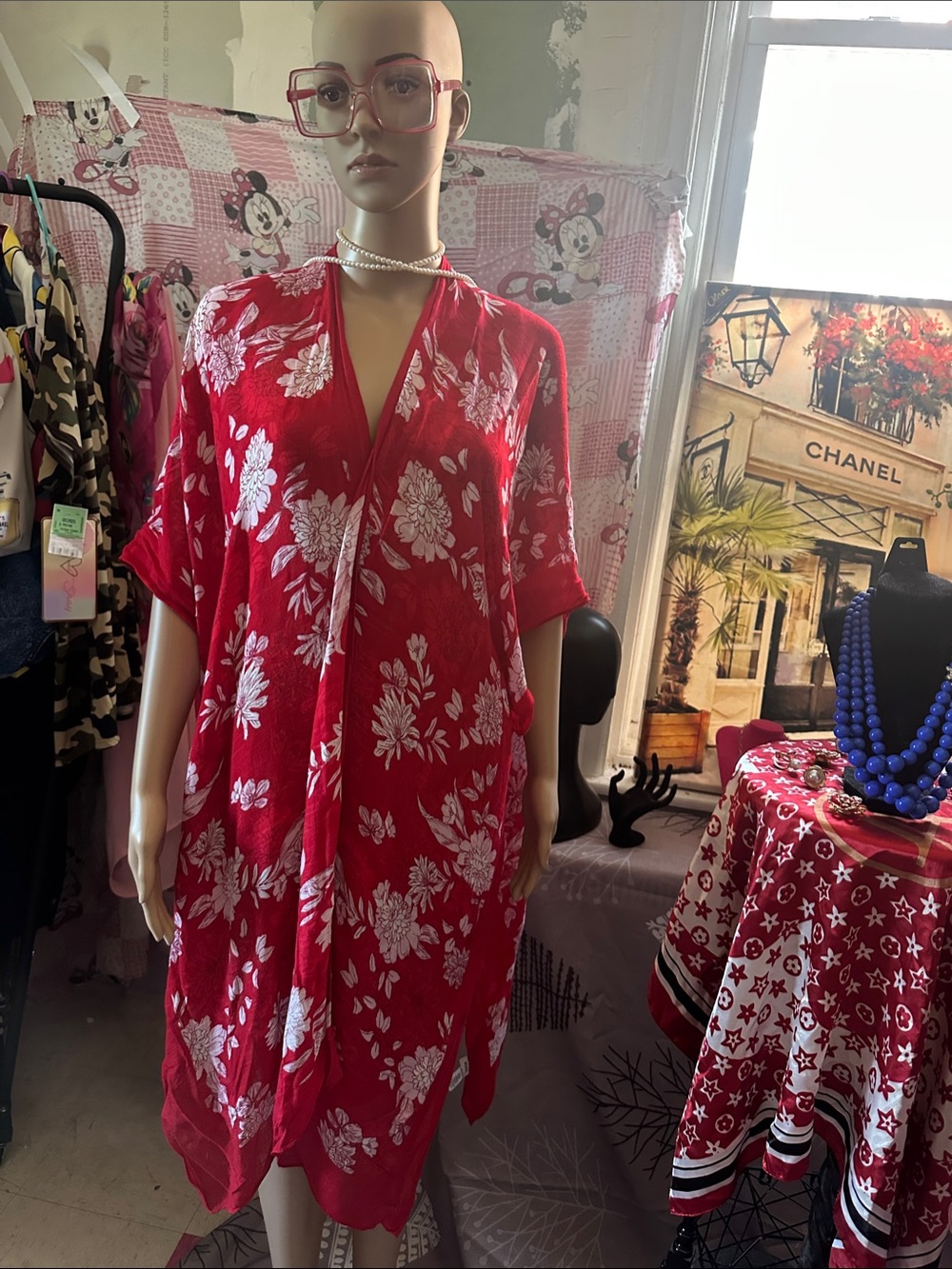 Red Floral Kimono Cardigan - White Flower Print